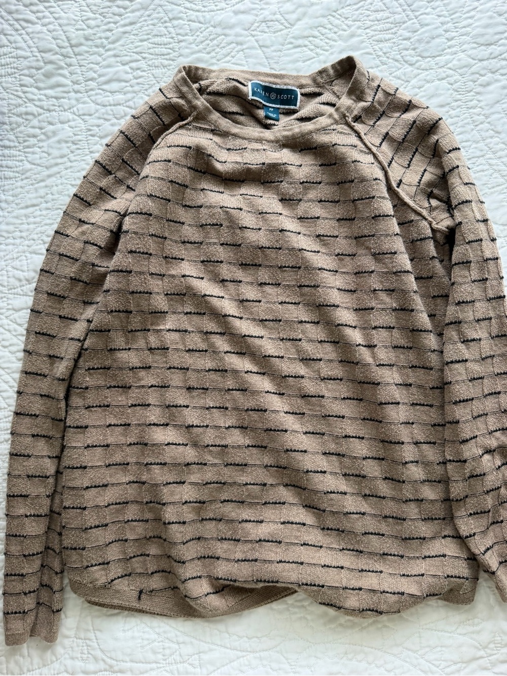 Karen Scott Tan Crewneck Sweater with Black Stripe Pattern